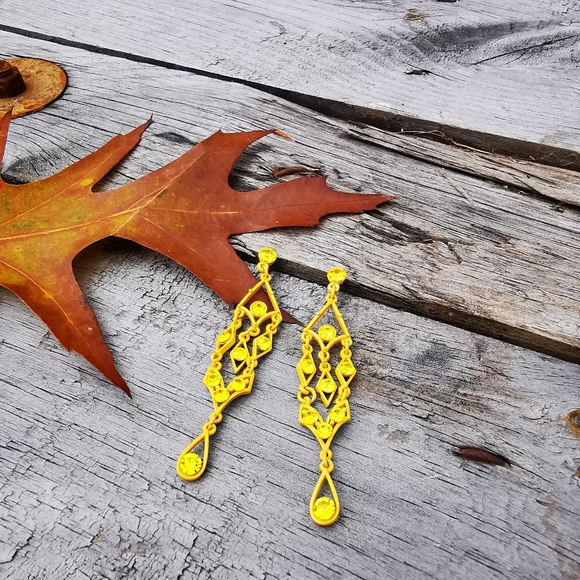 Yellow Painted Metal Chandelier Post Earrings with Yellow Rhinestones - Picture 5 of 13